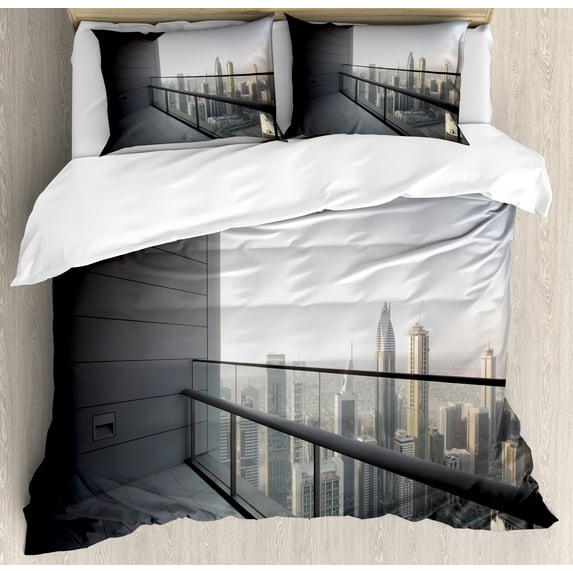 Modern Duvet Cover Sets, City Dubai Landscape Downtown from Balcony Photo Image Print, Bedding Set with 2 Duvet Covers & 4 Pillowcases, 2 Pack Cal King Size, Charcoal Grey and White, by Ambesonne