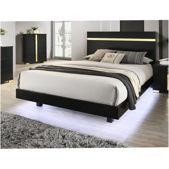 Modern Eastern King Bed Frame with LED Headboard & Underbed Lighting, Wood Platform Bed with Acrylic Trim, Mattress Foundation, No Box Spring Needed, Black