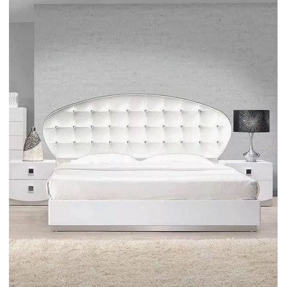 Modern Eastern King Platform Bed, Crystal Tufted Headboard, White Lacquer Finish