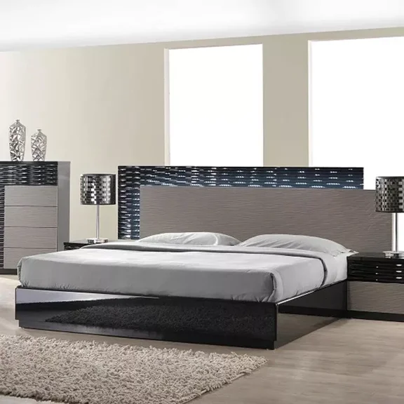 Modern Eastern King Size Bedroom Set 3Pc LED Platform Bed and 2X Nightstand, Lacquer Finish, Black/Gray