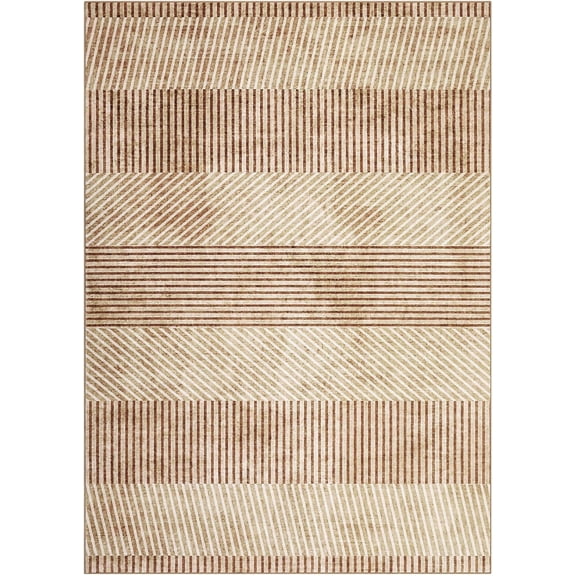 Modern Easy Area Rug Machine Washable Non-Slip Low Pile Stripe Pattern Rug for Living Room Bedroom Entryway (Brown 8'x10')