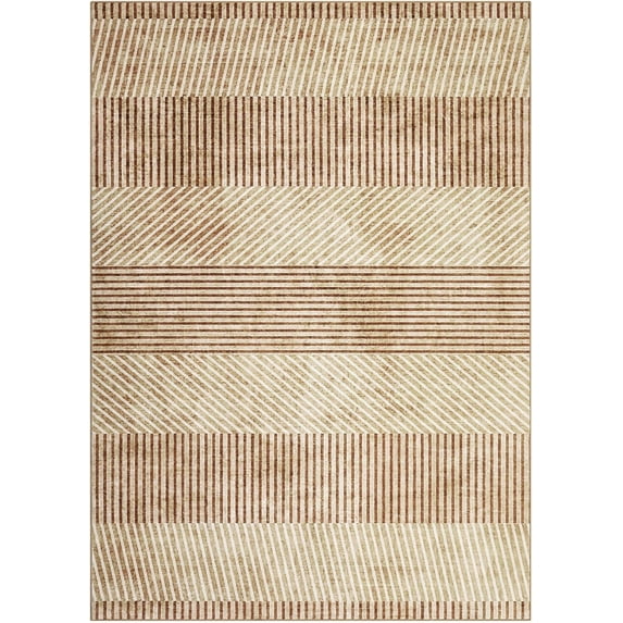 Modern Easy Area Rug Machine Washable Non-Slip Low Pile Stripe Pattern Rug for Living Room Bedroom Entryway (Brown 8'x10')