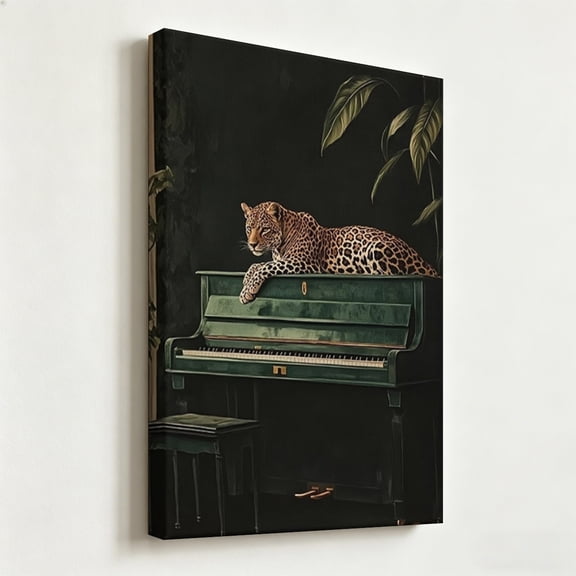 Modern Eclectic Leopard on Piano Canvas Wall Art, Moody Dark Green Jungle Aesthetic Oil Painting Style, Matte Finish Gallery Wrapped Living Room Decor 8*12