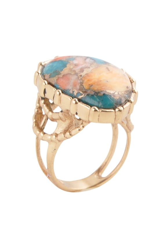 Modern Edge Turquoise and Spiny Oyster Shell Matrix Stone Golden Ring
