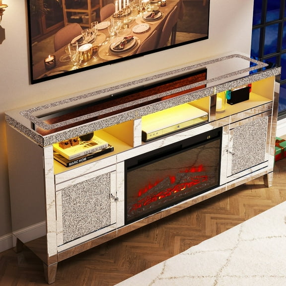 Modern Electric Fireplace TV Stand,Firebox w/3D Realistic Flame,Mirrored Crush Diamond Media Entertainment Center Console Table w/LED Lights,Storage Cabinets Living Room,Bedroom,Office(Silver)