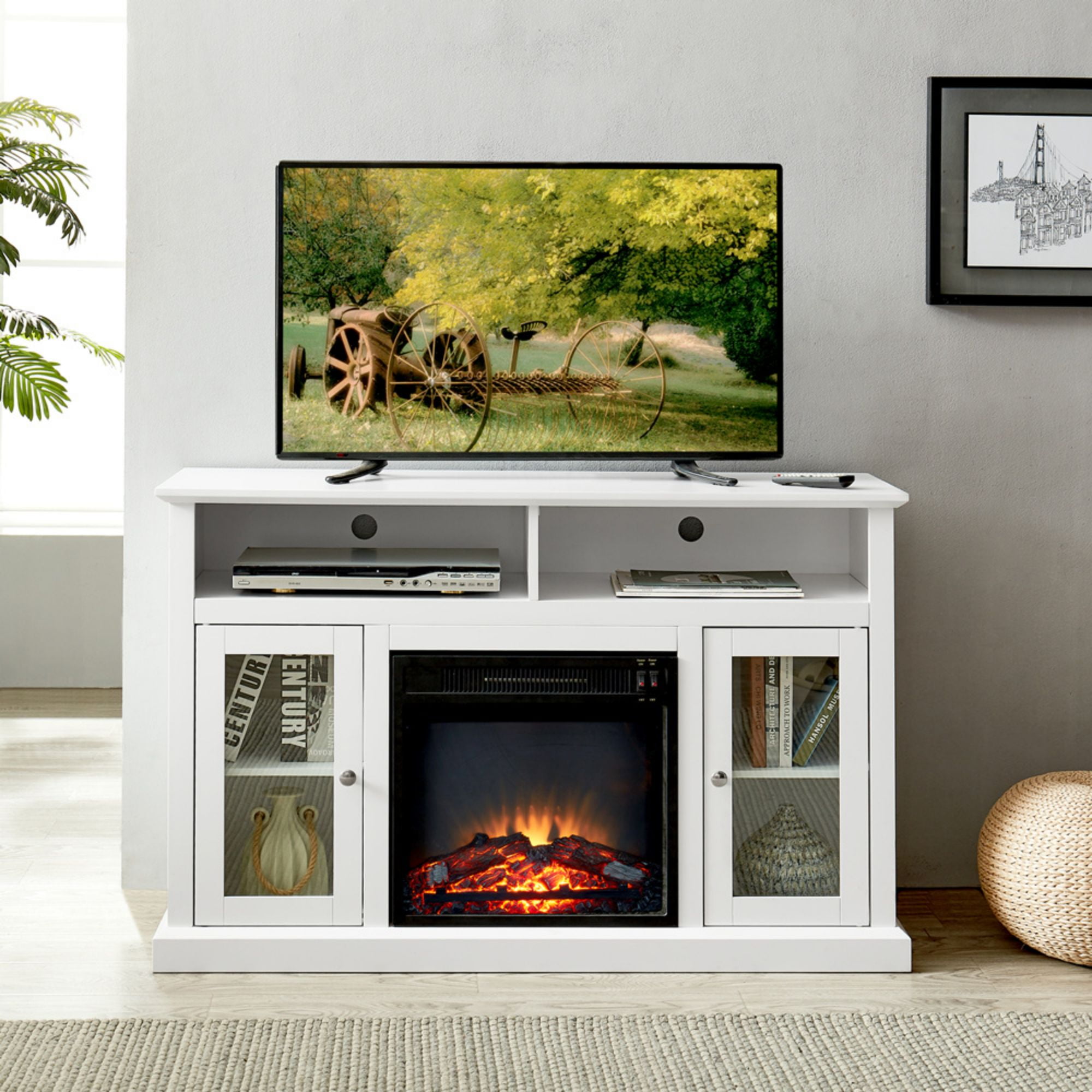Modern Electric Fireplace TV Stand, Fit up to 55 Flat Screen TV with 2  Tempered Glass Storage Cabinet and Adjustable Shelves Wood Veneer TV  Console for Living Room, Remote Control, White -