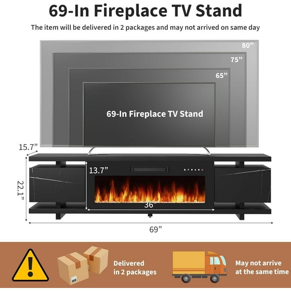 Modern Electric Fireplace TV Stand with LED Light, 36" Fire, 80" TV Support, Storage Cabinet for Living Room (Black)