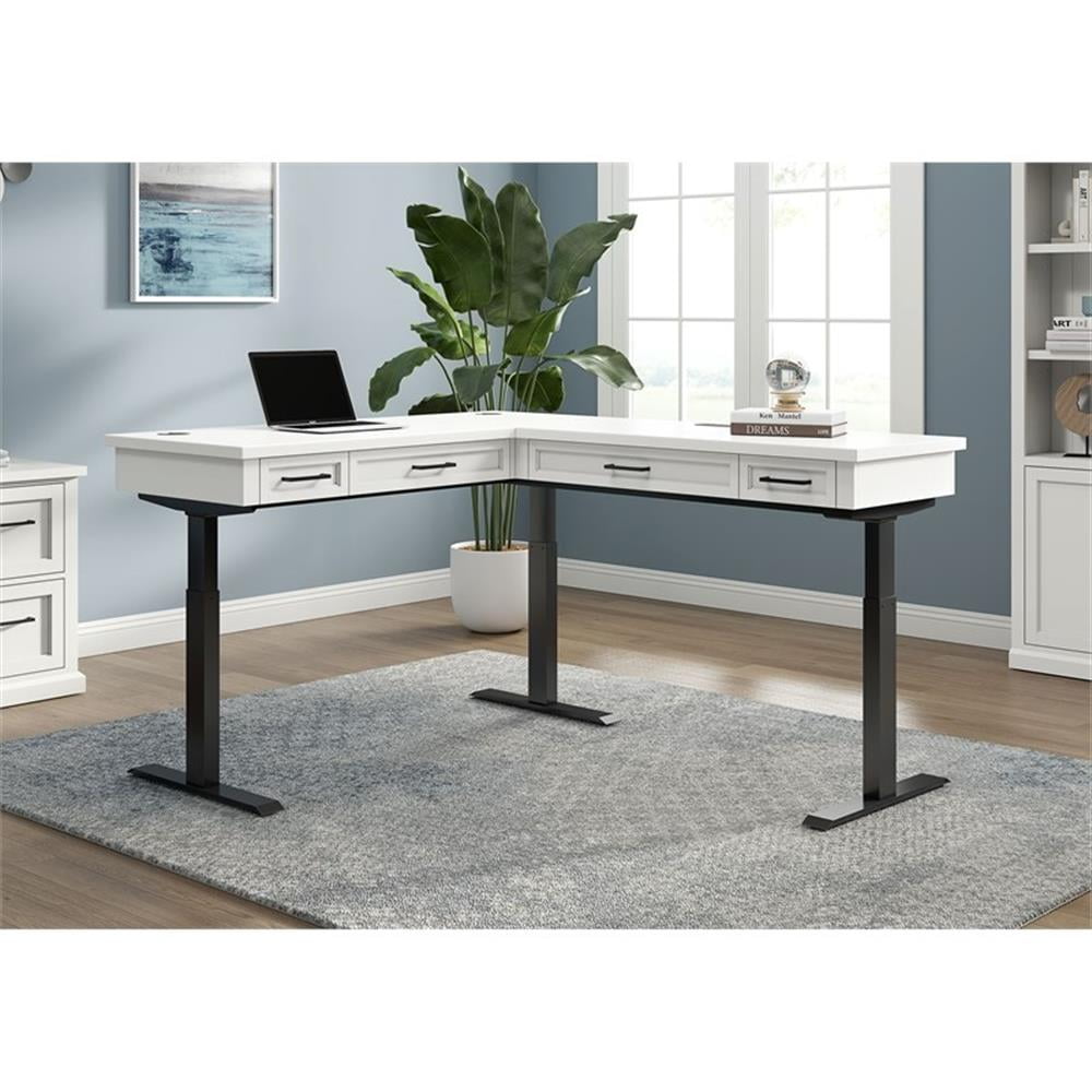 White Adjustable Height L-Desk with USB Ports and Drawer