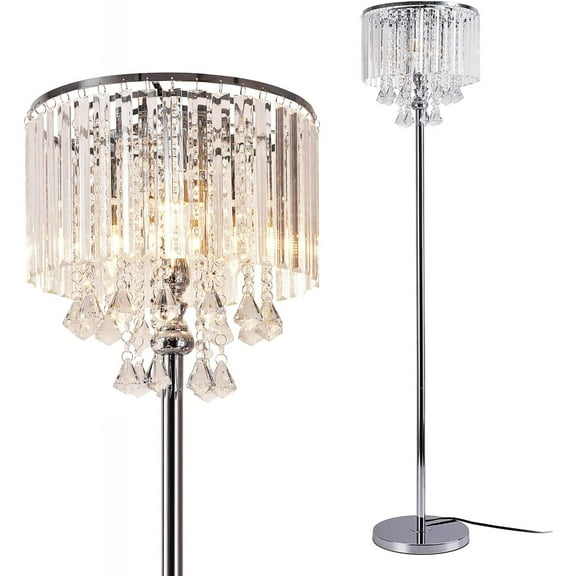 Modern Elegance Crystal Floor Lamp, On/Off Foot Switch, Crystal & Glass 3-Lights Standing Light, Reading Corner Lamp for Office Cafe, Den, Living Room Bedroom Chrome Finish