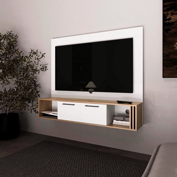Modern Elegance with Rustic Charm, Cable Organization - Four Shelves for 60 - 69 Inch TV in Primary Living Area