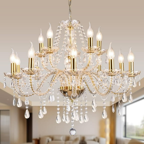 Modern Elegant 15 Lights K9 Crystal Glass Chandelier Golden Pendant Ceiling Lighting European Style for Dining Living Room Bedroom Transparent,15 E12 Bulbs Required