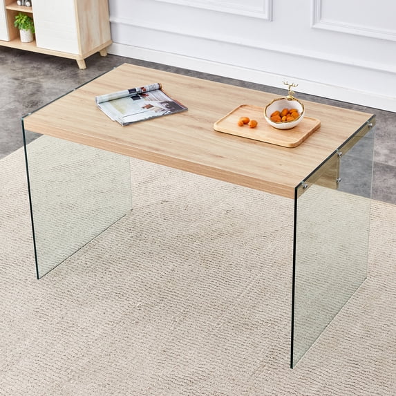 Modern Elegant Coffee Table: 47.2" MDF Wood Sticker Top with Transparent Tempered Glass Sides, Sturdy Living Room Furniture, Ample Surface, Easy Assembly