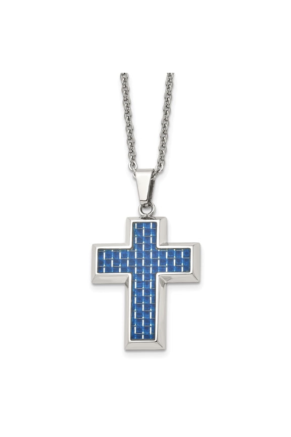 Modern Elegant Cross Pendant Necklace with Blue Mosaic Inlay and Polished Silver Tone Chain for Spiritual Style and Fashion Jewelry Statement