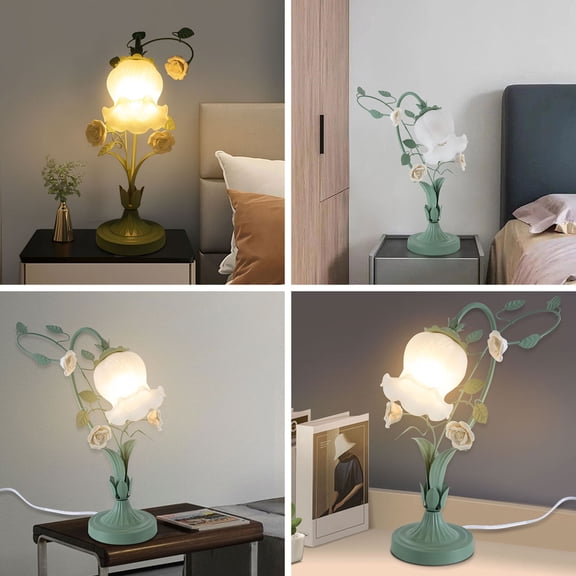 Modern Elegant Glass Table Lamp Light Roses Flower Glass Lampshade Green & White 110V 60W 5.12*5.12in for Bedrooms, Dining Rooms, Study Rooms