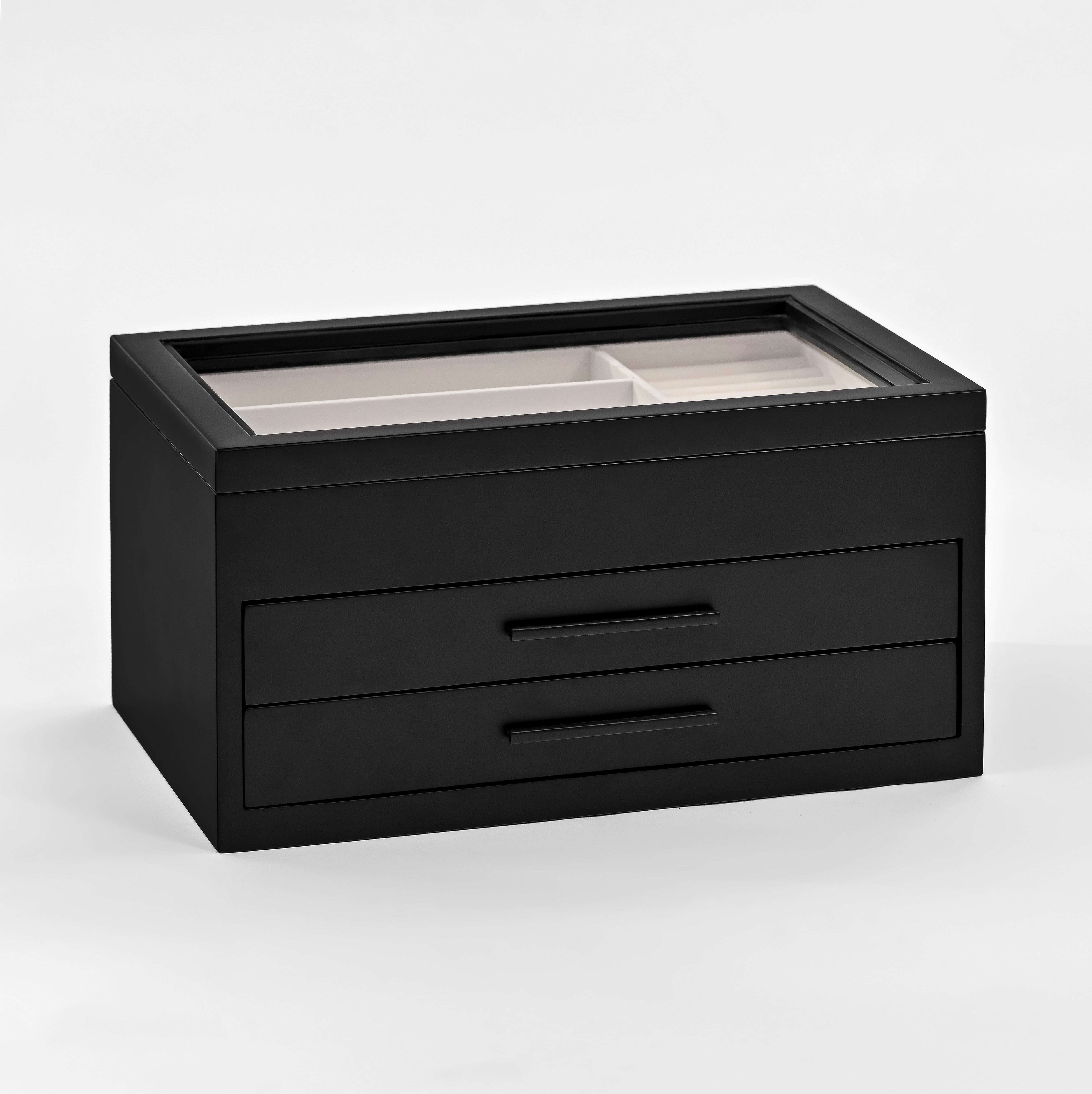 Modern Elegant Jewelry Box with 2 Drawers, Large Storage Compartments, Transparent Glass Lid, and Soft Linen for Rings, Necklaces and Earrings