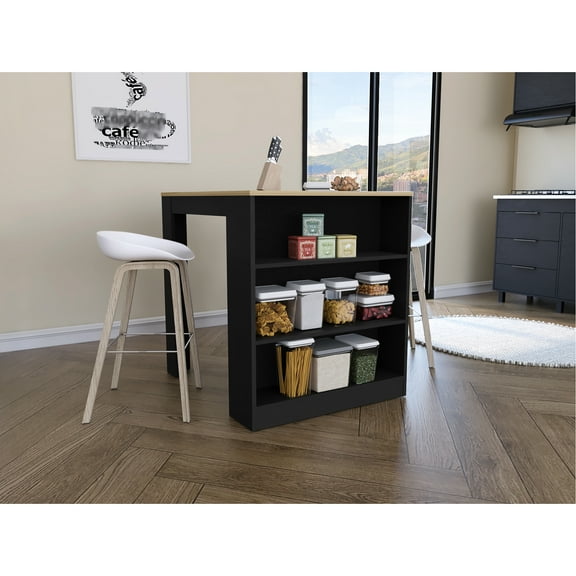 Modern Elegant Kitchen Counter Dining Table With Two Legs And Three Side Shelves - Black / Pine Chic Functional Practical