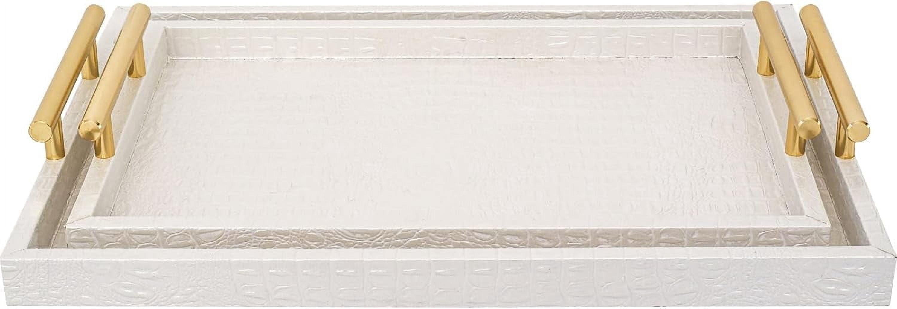 Modern Elegant Large Wood Serving Tray, Set of 2 Pearl White Crocodile Leather with Gold Polished Metal Handles, Home Decorative Rectangle Ottoman Platter Living Room Bathroom Vanity Tray