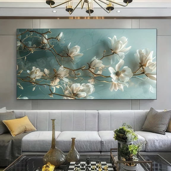 Modern Elegant Magnolia Flower Canvas Wall Art Framed 48x24 Inch Large Floral Painting for Living Room Bedroom Home Decor Ready to Hang