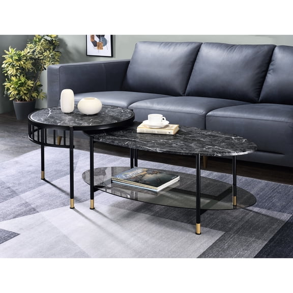 Modern Elegant Nesting Tables With Metal Legs And Engineered Stone Surfaces Black Frame Marble-grain Tops