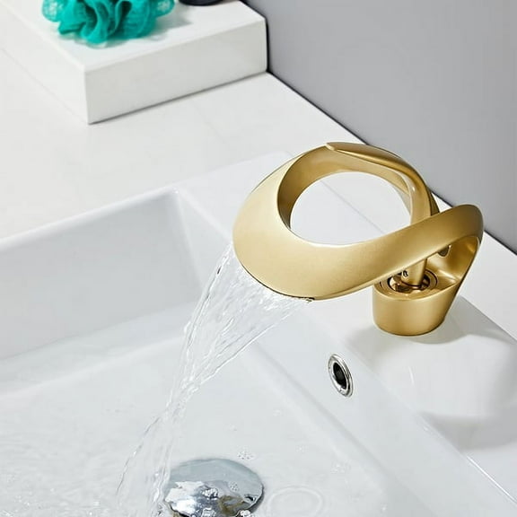 Modern Elegant Waterfall Bathroom Sink Faucet Single Handle Solid Brass in Gold