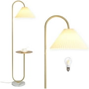 Modern Elegant with Tray Floor Lamp for Office Cafe Den Living Room Bedroom, Foot Switch and Brass/Gold Finish,Light Yellow Pleated Cloth Lampshade