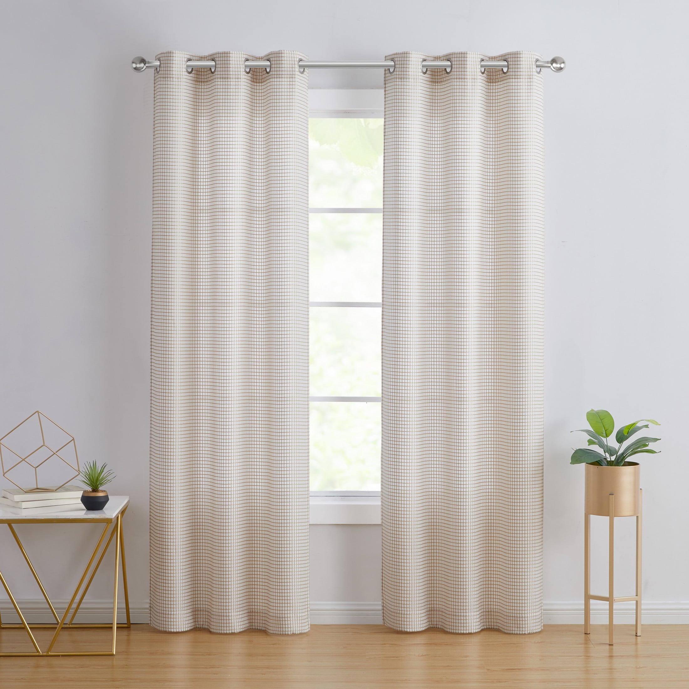Modern Elements Hannah Modern 2-Piece Taupe Grid Light Filtering Curtain Set