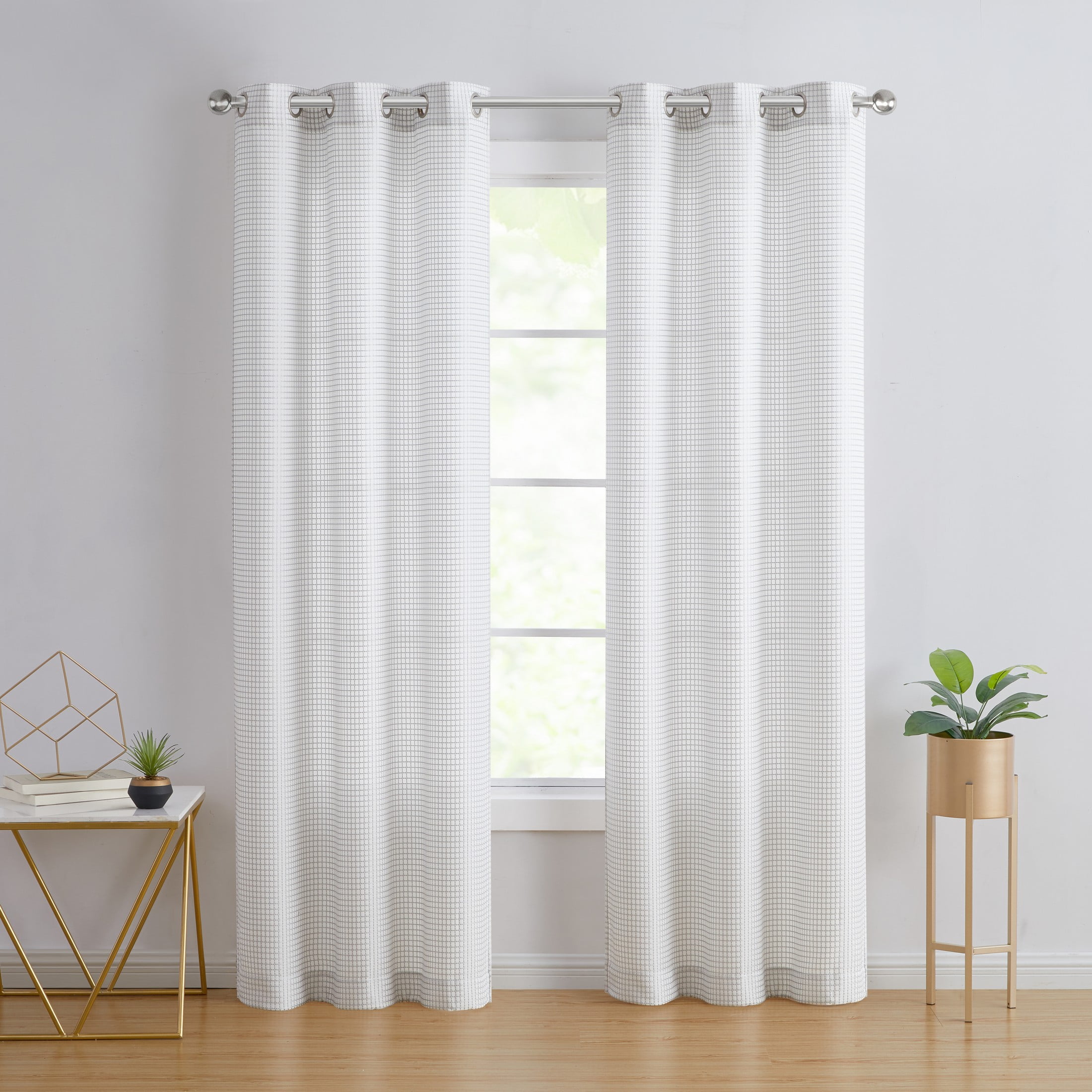 Modern Elements Hannah Modern Grey Grid Grommet Light Filtering Curtain Panel, 76" x 96" (2 Panels)