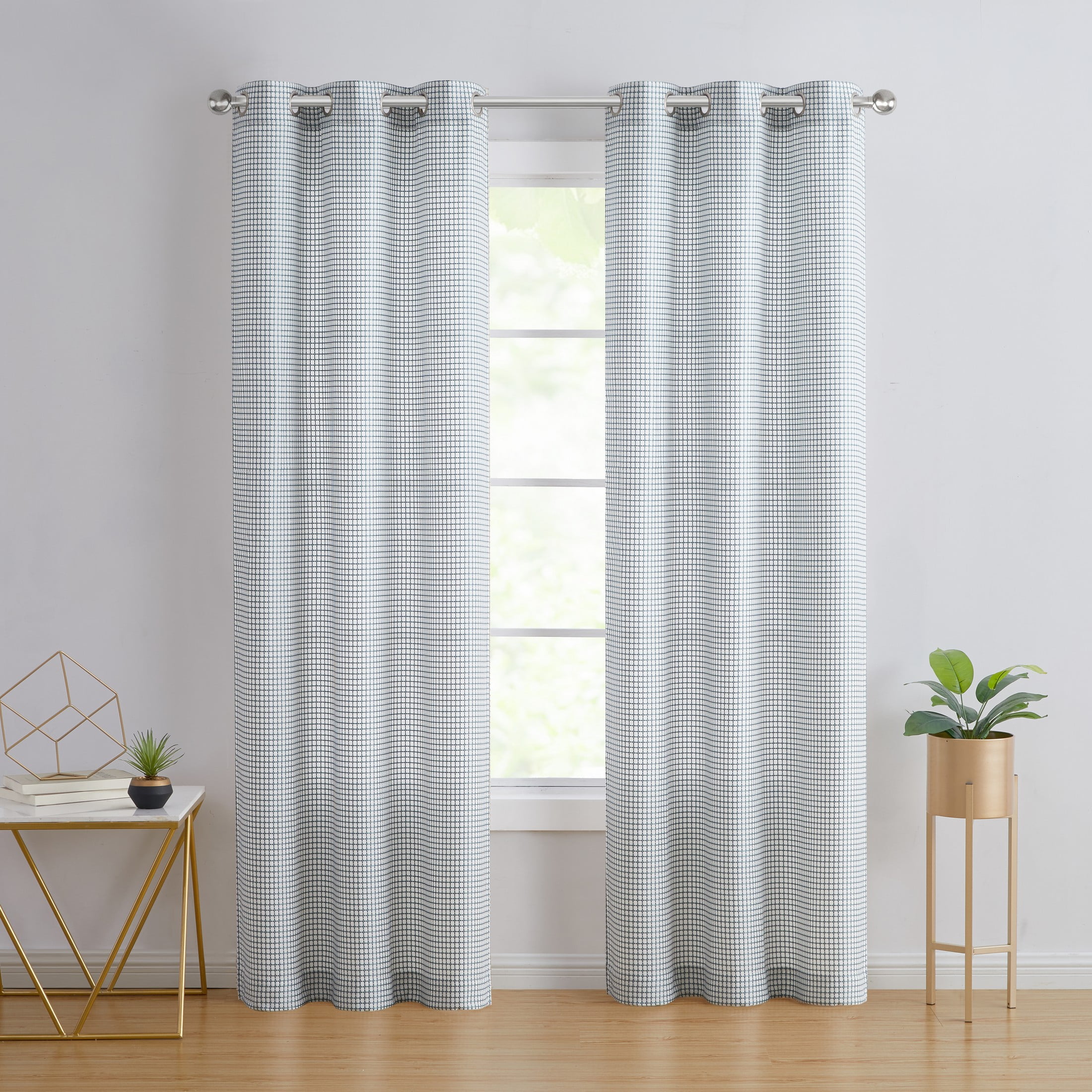 Modern Elements Hannah Modern Teal Grid Grommet Light Filtering Curtain Panel, 76" x 96" (2 Panels)