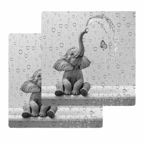 Modern Elephant Dish Towels Set, Waffle Weave Kitchen Towels 2 Pieces, Grey Modern Art Bathtub Microfiber Hair Face Bath Tea Towel Absorbent Quick Drying Cleaning Dish Cloths, 12"x12"
