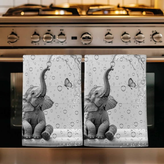Modern Elephant Kitchen Towels Set of 1, Grey Modern Art Bathtub Absorbent Dish Towels for Kitchen, Microfiber Hand Towel, Quick Drying Tea Towel for Cleaning Decorative Dishcloths