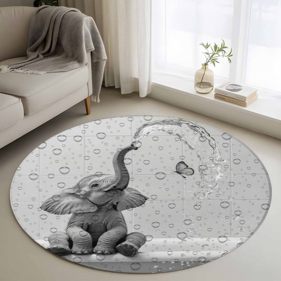 Modern Elephant Round Area Rug 4 FT, Non Slip Indoor Outdoor Rug, Grey Modern Art Bathtub Washable Soft Circular Carpet Non-Shedding Floor Mat for Coffee Table Nursery Foyer Balcony