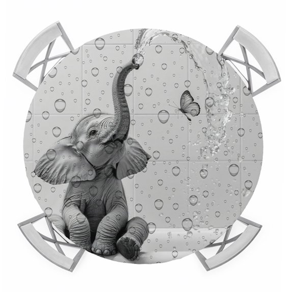 Modern Elephant Round Tablecloth for 45-54 Inch Tables, Fitted Table Cover with Elastic Edge, Grey Modern Art Bathtub Waterproof Outdoor Table Cloth Protector for Patio Garden Dinner Picnic