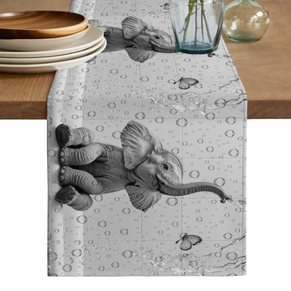 Modern Elephant Table Runner, Grey Modern Art Bathtub Washable Cotton Linen Table Runners 36 Inches Long, Dresser Scarf Runner for Nightstand/End Tables/Round Tables 13''x36''