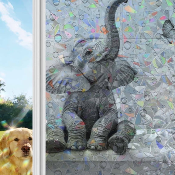 Modern Elephant Window Privacy Film Stain Glass, Reusable Decorative Rainbow Window Film, Grey Modern Art Bathtub Non-Adhesive Static Cling Sun Blocking Stickers Decals Covers 23.6" x 59" (2pcs)