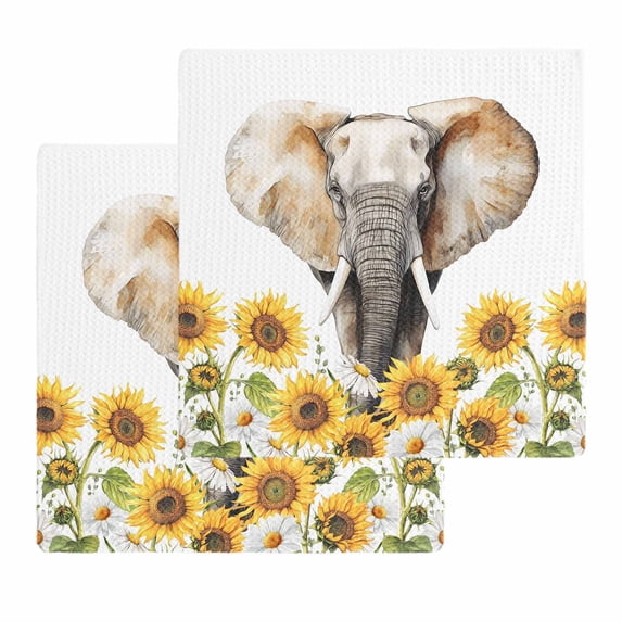 Modern Elephants Kitchen Dish Towels for Drying Dishes Set of 2, Spring Summer Watercolor Sunflowers Daisy Waffle Weave Microfiber Hand Tea Bathroom Towels Quick Dry & Absorbent Towel 12x12