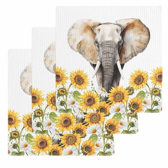 Modern Elephants Kitchen Dish Towels for Drying Dishes Set of 3, Spring Summer Watercolor Sunflowers Daisy Waffle Weave Microfiber Hand Tea Bathroom Towels Quick Dry & Absorbent Towel 12x12
