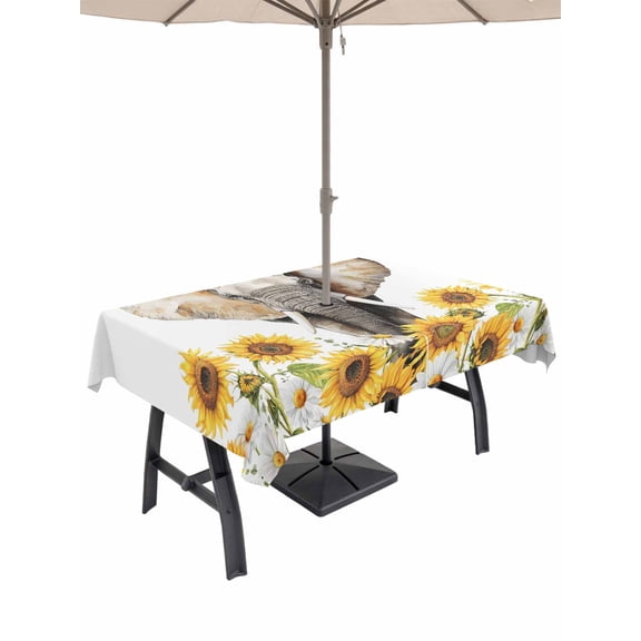 Modern Elephants Outdoor Tablecloth - 52x70 Inch Rectangle Dining Table Cover, Spring Summer Watercolor Sunflowers Daisy Waterproof Outdoor Table Cloth with Umbrella Hole & Zipper for Picnic/Patio
