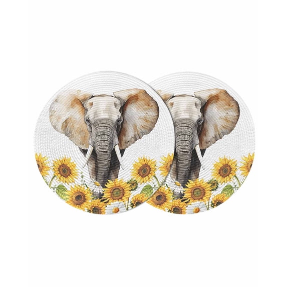 Modern Elephants Round 13 Inch Placemats Set of 2, Spring Summer Watercolor Sunflowers Daisy HeatResistant Non Slip Place Mats for Dining Table, Wipeable Braided Kitchen Table Mats for Housewarming