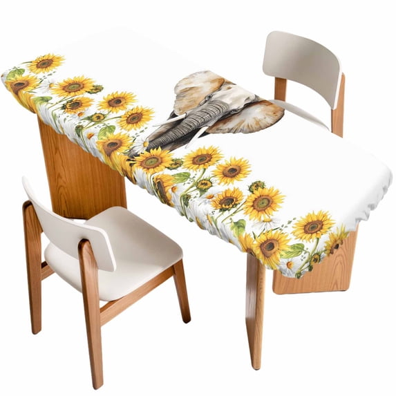 Modern Elephants Table Cloths for 8 Foot Rectangle Tables, Spring Summer Watercolor Sunflowers Daisy Patio Waterproof Elastic Fitted Tablecloths, Washable Rectangular Table Cover for Camping