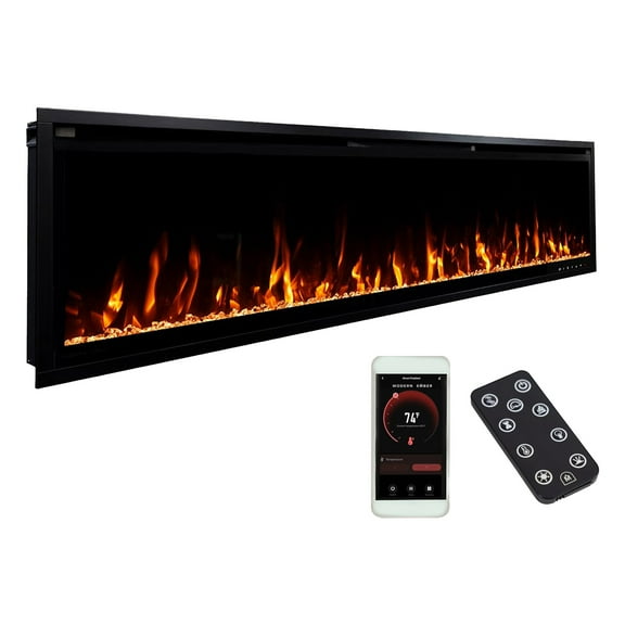 Modern Ember Aerus Slim 72 Inch Smart Linear Electric Fireplace | Recessed in-Wall or Wall-Mount