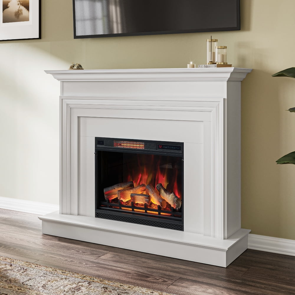 Modern Ember Larimore 58" Contemporary Style White Wood Mantel Surround