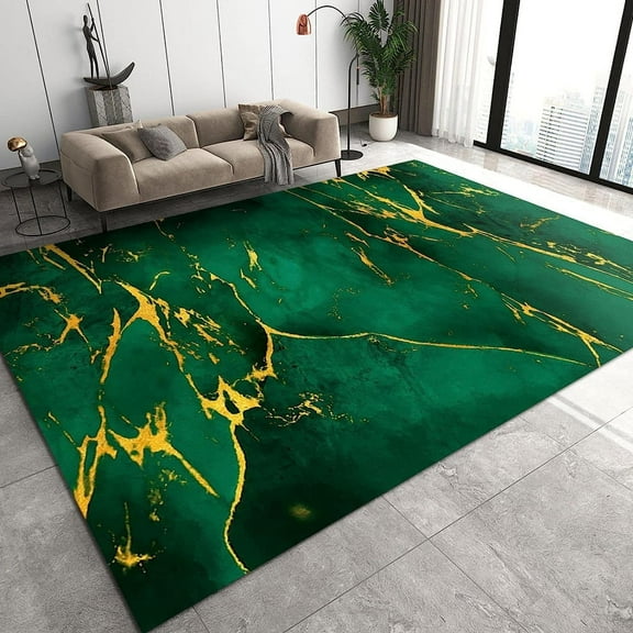 Modern Emerald Green Area Rug For Living Room, Luxury Green Crack Kids Rugs, Boho Golden Pattern Washable Rug For Entrance Dining Room Patio Bedroom Bedside Carpet