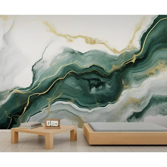 Modern Emerald Green Rendered Marble Wallpaper, Abstract Gold Foil Art Wall Mural Poster Removable Mural Large 3D Wallpaper Home Decor For Bedroom Living Room 55"W x 28"H (Not Peel and Stick)