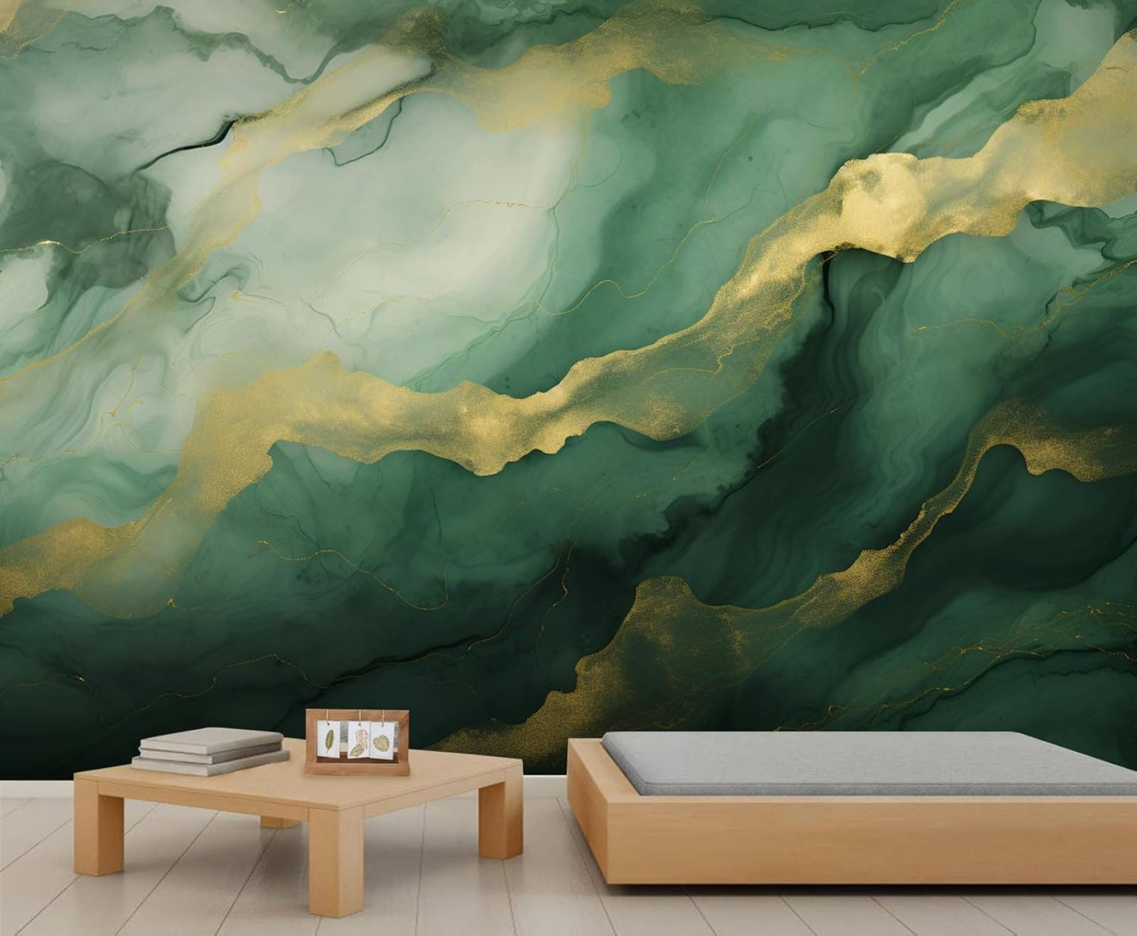 Modern Emerald Green Rendered Marble Wallpaper, Abstract Gold Foil Art ...
