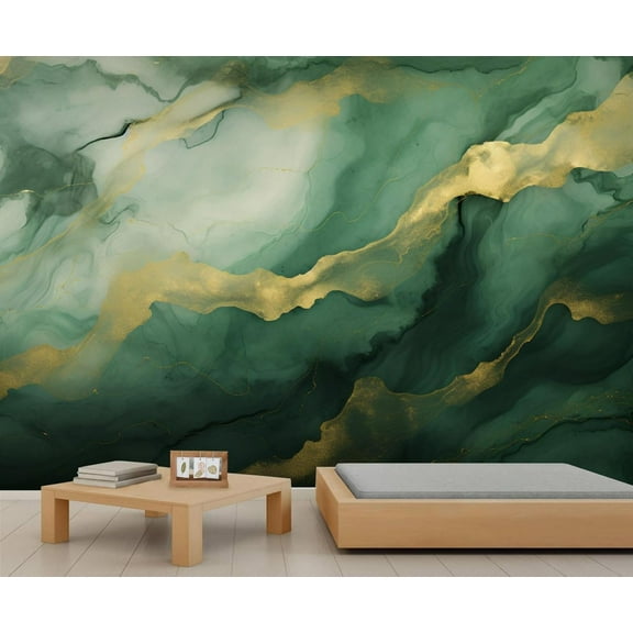 Modern Emerald Green Rendered Marble Wallpaper, Abstract Gold Foil Art Wall Mural Poster Removable Mural Large 3D Wallpaper Home Decor For Bedroom Living Room 55"W x 28"H (Not Peel and Stick)