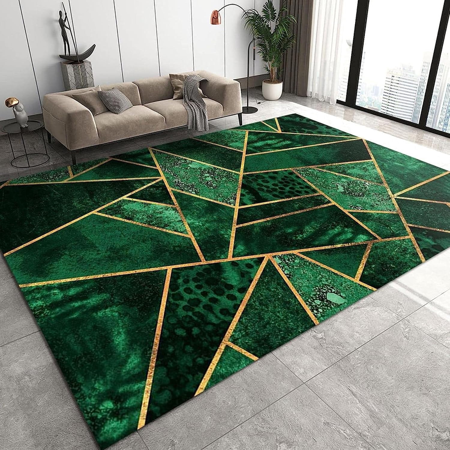 Modern Emerald Green Rugs For Living Room, Luxury Green Gold Geometry Kids Rugs, Breathable ...