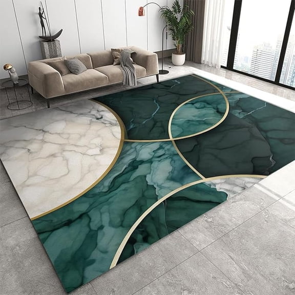 Modern Emerald Green White Marble Area Rug, Light Luxury Geometry Art Home Decor Rug, Low Pile Soft Non-Slip Carpet For Living Room Bedroom Study Office Kitchen Dining Room 4x6ft