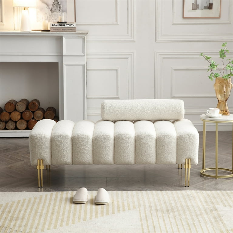 Modern End of Bed Bench Comfy Fabric Upholstered 2 Seater Sofa Couch Fuzzy Sofa Stool Footrest Entryway Ottoman Bench with Gold Metal Legs Round