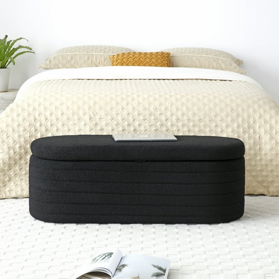 Modern End of Bed Bench with Storage Upholstered Sherpa Fabric Large Storage Bench Ottoman Shoe Stool Long Bench Window Sitting Toy Storage Bench for Bedroom,Living Room,Entryway,Black