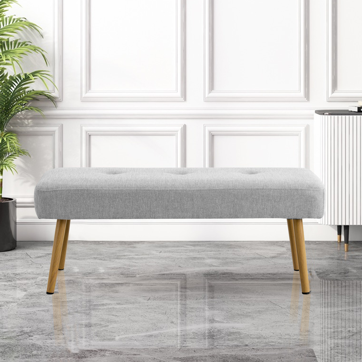 Modern End of Bed Bench with Wood Color Metal Legs, Upholstered Button